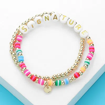 Fashnzfab 2pcs - Signature Message Metal Ball Heishi Beaded Stretch Multi Layered Bracelets
