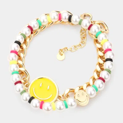 Fashnzfab 2pcs - Smile Accented Metal Chain Pearl Bracelets In Multi