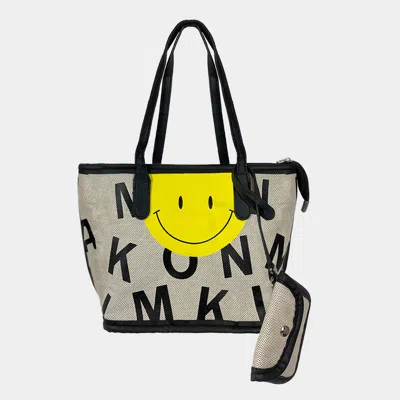 Fashnzfab 2pcs - Smile Accented Tote Bag And Mini Pouch Bag Set In Black