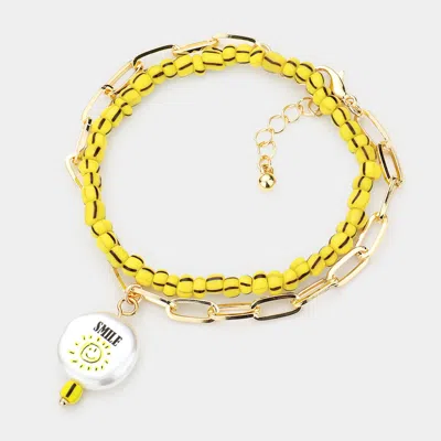 Fashnzfab 2pcs - Smile Sun Printed Freshwater Pearl Charm Bracelets In Yellow