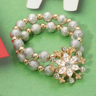 Fashnzfab 2pcs - Snowflake Accent Glitter Ball Beaded Stretch Multi Layered Bracelets