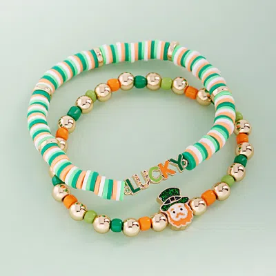 Fashnzfab 2pcs - St Patricks Lucky Leprechaun Heishi Beaded Stretch Multi Layered Bracelets - Gold