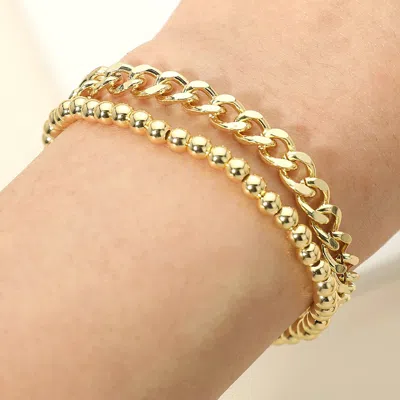Fashnzfab 2pcs - Stainless Steel Chain Beaded Stretch Layered Bracelets In Gold