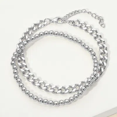 Fashnzfab 2pcs - Stainless Steel Chain Beaded Stretch Layered Bracelets In Multi