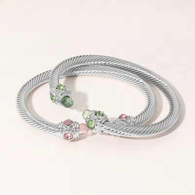 Fashnzfab 2pcs - Stone Tip Twisted Cuff Bracelet Green, Pink, Pink & Green, Rhodium In Silver