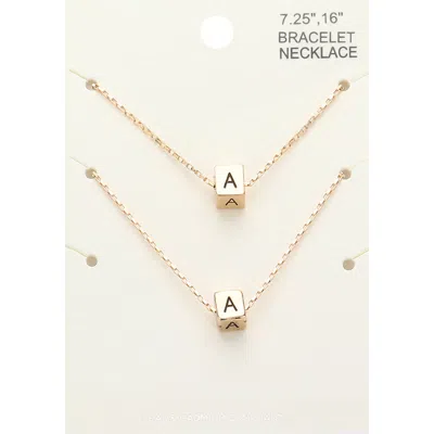 Fashnzfab 2pcs - -a- Initial Monogram Metal Cube Pendant Necklace / Bracelet Set In Gold