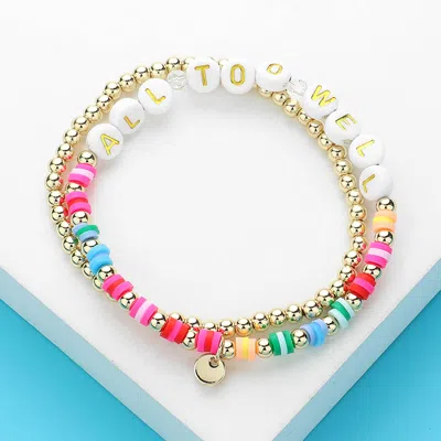 Fashnzfab 2pcs - All Too Well Message Metal Ball Heishi Beaded Stretch Multi Layered Bracelets