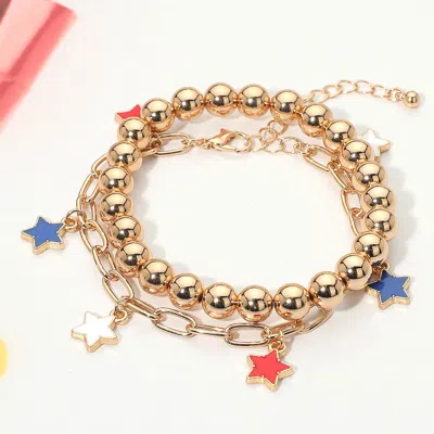 Fashnzfab 2pcs - American Usa Star Charm Station Paperclip Chain Ball Beaded Stretch Multi Layered Bracelets In Silver