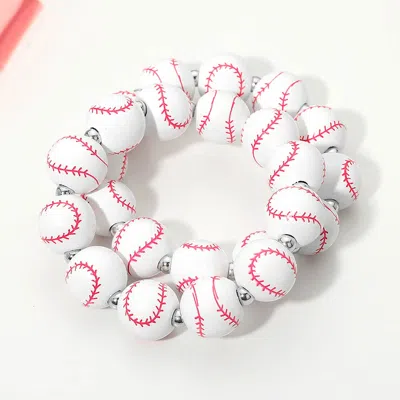 Fashnzfab 2pcs - Baseball Printed Beaded Stretch Bracelet In White
