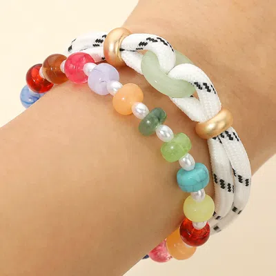 Fashnzfab 2pcs - Beaded Stretch Rope Bracelets - Multi In Silver