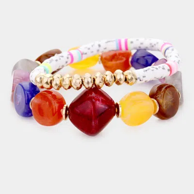 Fashnzfab 2pcs - Colorful Stone Disc Bead Metal Stretch Bracelets Multi, White In Red