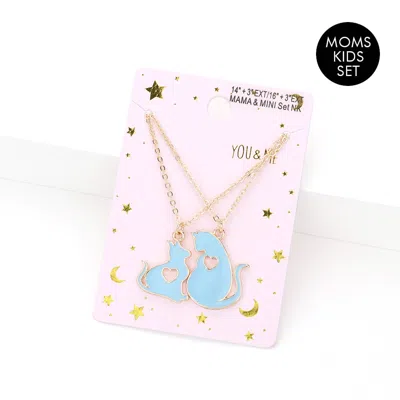 Fashnzfab 2pcs - Enamel Cats Pendant Moms And Kids Set Necklaces In Blue