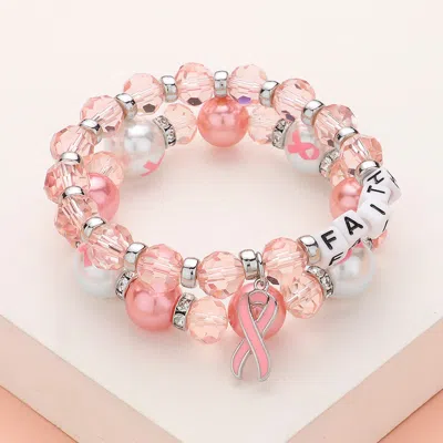 Fashnzfab 2pcs - Faith Message Pointed Pink Ribbon Charm Faceted Beaded Stretch Double Layered Bracelets