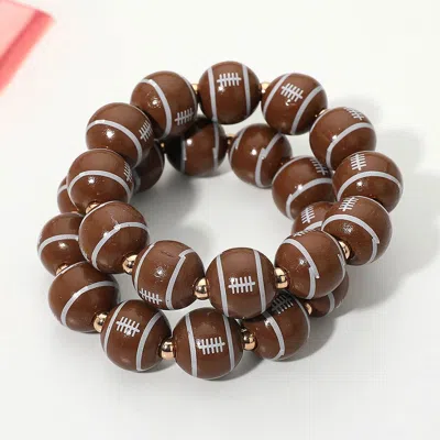 Fashnzfab 2pcs - Football Printed Beaded Stretch Bracelet In Brown