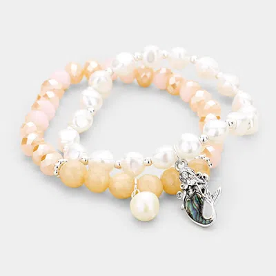 Fashnzfab 2pcs Freshwater Pearl Abalone Mermaid Charm Stretch Bracelet In Multi