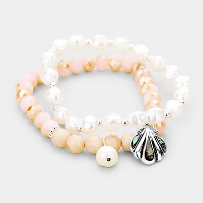 Fashnzfab 2pcs Freshwater Pearl Abalone Shell Charm Stretch Bracelet In Multi