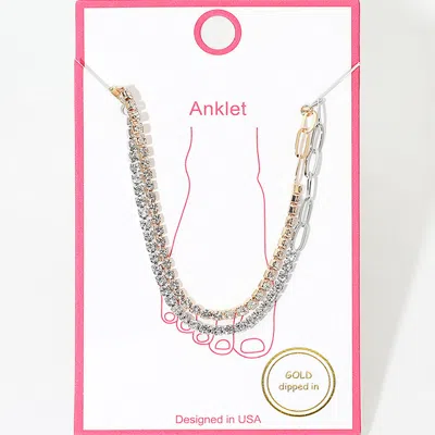 Fashnzfab 2pcs - Gold Dipped Rhinestone Tennis Paperclip Chain Link Anklets