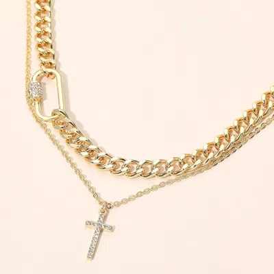 Fashnzfab 2pcs - Gold Dipped Stone Pave Cross Pendant Carabiner Accent Chunky Chain Necklaces In Silver