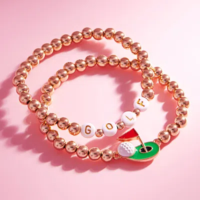 Fashnzfab 2pcs - Golf Flag Ball Charm Accent Stretch Multi Layered Bracelets In Pink