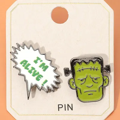 Fashnzfab 2pcs - Halloween Im Alive Frankenstein Enamel Pin Brooch Set In Green