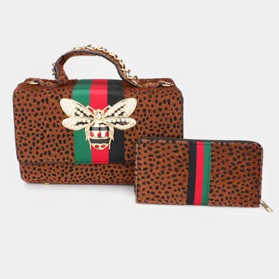 Fashnzfab 2pcs - Honey Bee Accented Color Block Cheetah Patterned Tote Bag Wallet Set In Brown