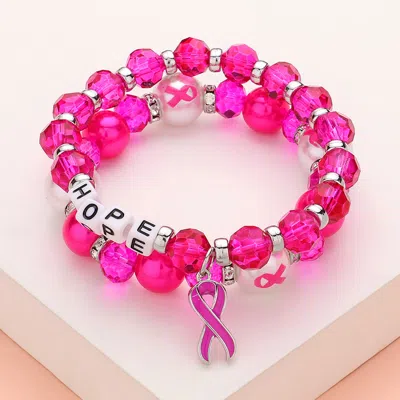 Fashnzfab 2pcs - Hope Message Pointed Pink Ribbon Charm Faceted Beaded Stretch Double Layered Bracelets 1.6" H