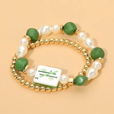 Fashnzfab 2pcs - Mahjong Tile Pearl Beaded Stretch Multi Layered Bracelets In Metallic