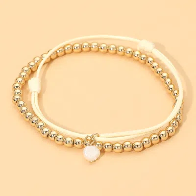 Fashnzfab 2pcs - Metal Ball Stretch Pearl Charm Adjustable Bracelets In Gold