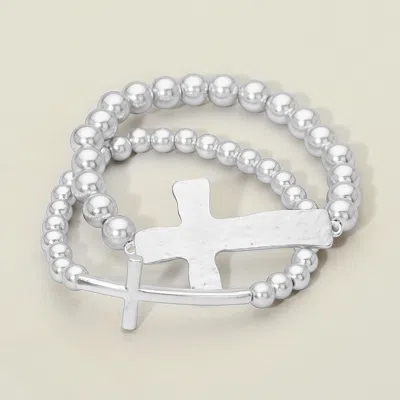Fashnzfab 2pcs - Metal Cross Accent Beaded Stretch Multi Layered Bracelets In Metallic
