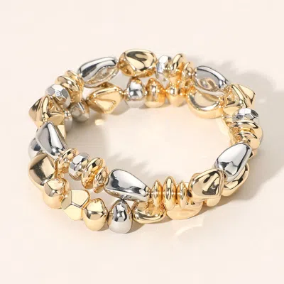 Fashnzfab 2pcs - Metal Pebble Beaded Stretch Multi Layered Bracelets Two Tone In Silver