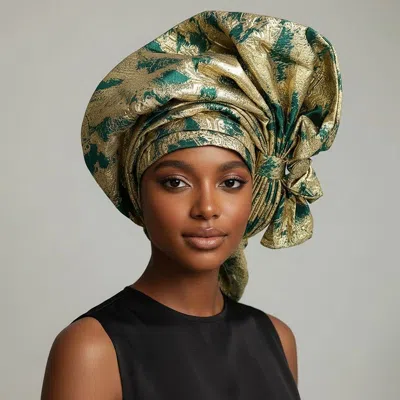 Fashnzfab 2pcs - Metallic Structured Headwrap Statement Turban In Green