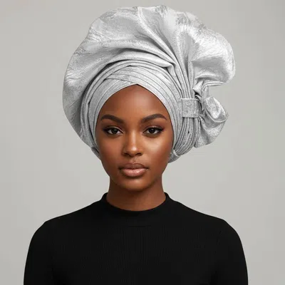 Fashnzfab 2pcs - Metallic Structured Headwrap Statement Turban In White