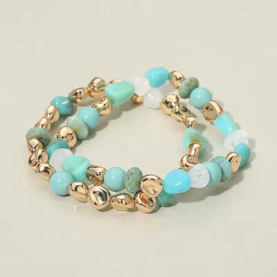 Fashnzfab 2pcs - Multicolor Pebble Beaded Stretch Multi Layered Bracelets In Blue