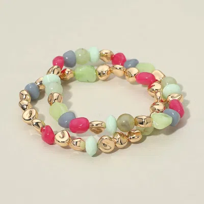Fashnzfab 2pcs - Multicolor Pebble Beaded Stretch Multi Layered Bracelets In Silver