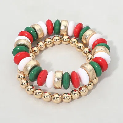 Fashnzfab 2pcs - Natural Stone Metal Ball Beaded Stretch Double Layered Bracelets In Multi