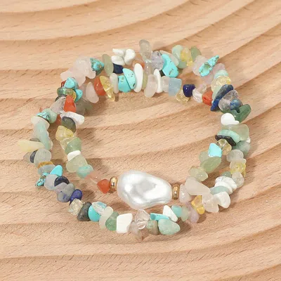 Fashnzfab 2pcs - Organic Shaped Pearl Accent Semi Precious Pebble Stone Beaded Stretch Multi Layered Bracelets