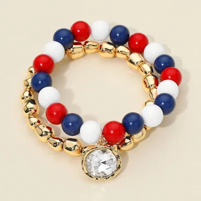 Fashnzfab 2pcs - Oval Charm Accent Patriotic Beaded Stretch Multi Layered Bracelets
