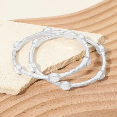 Fashnzfab 2pcs - Oval Stone Accent Hammered Metal Multi Layered Bangle Bracelets In Gray