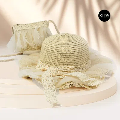 Fashnzfab 2pcs - Pearl Embellished Straw Kids Sun Hat Crossbody Bag Set In Neutral