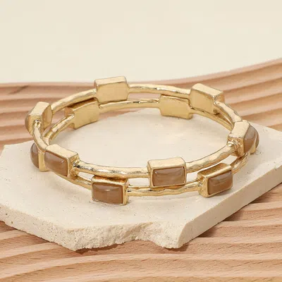 Fashnzfab 2pcs - Rectangle Cabochon Multi Layered Bangle Bracelets In Gold