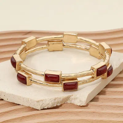 Fashnzfab 2pcs - Rectangle Cabochon Multi Layered Bangle Bracelets In Silver