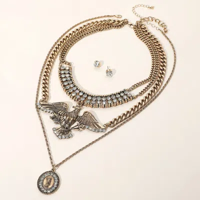 Fashnzfab 2pcs - Rhinestone Eagle Accent Collar Medal Pendant Layered Necklace Set In Gold
