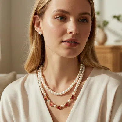 Fashnzfab 2pcs - Rhinestone Embellished Metal Heart Accented Pearl Necklaces In White