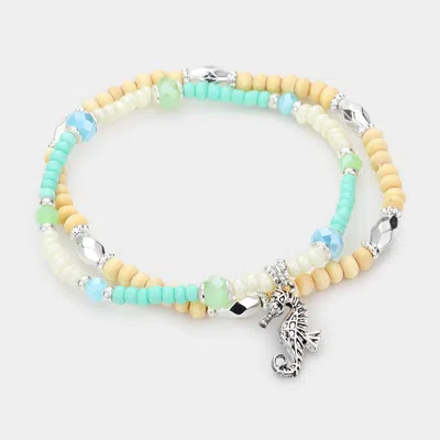 Fashnzfab 2pcs - Seahorse Charm Wood Seed Beaded Stretch Bracelets Mint In Blue