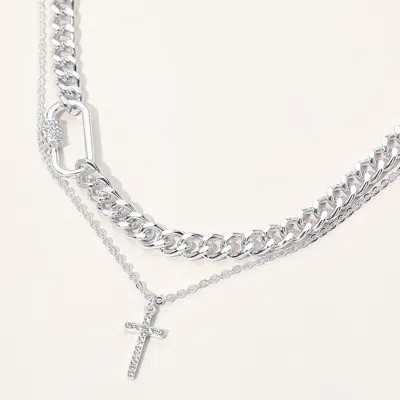 Fashnzfab 2pcs - Silver Dipped Stone Pave Cross Pendant Carabiner Accent Chunky Chain Necklaces