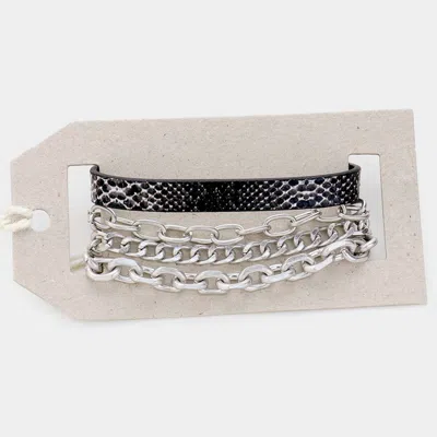 Fashnzfab 2pcs - Snake Skin Magnetic And Metal Chain Layered Bracelets Snake, Worn Silver In Black