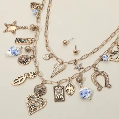 Fashnzfab 2pcs - Western Turquoise Heart Horseshoe Pearl Star Peace Charm Station Necklaces In Gold