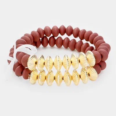 Fashnzfab 2pcs Wood Bead Stretchable Bracelets Burgundy, Gold In Red