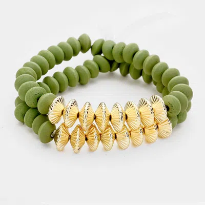 Fashnzfab 2pcs Wood Bead Stretchable Bracelets Gold, Olive Green In Multi