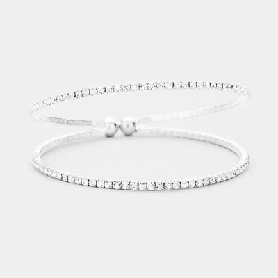 Fashnzfab 2row Split Layer Rhinestone Pave Cuff Evening Bracelet Clear, Silver In Multi